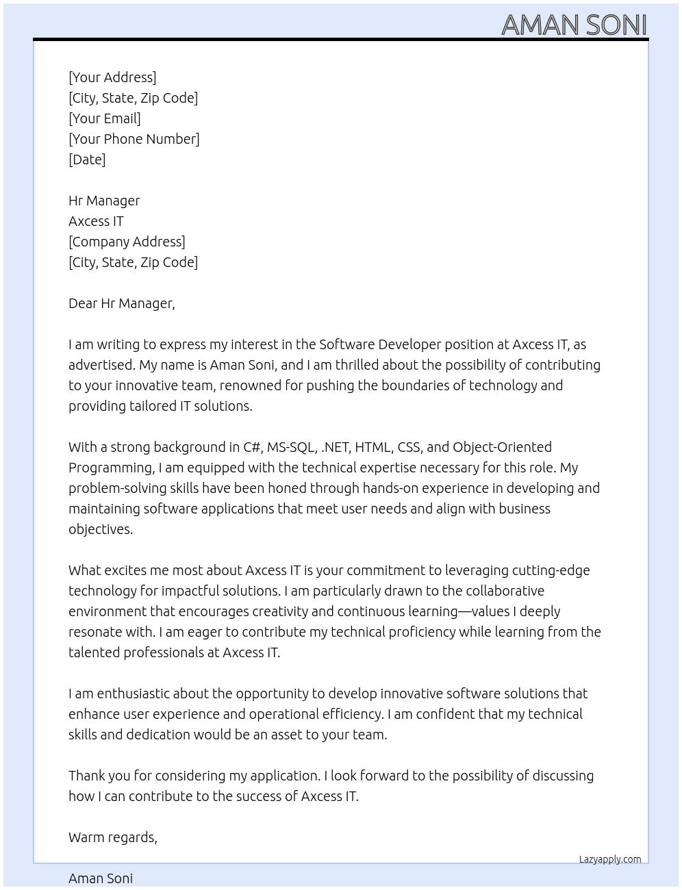 Software Developer At Axcess IT Cover Letter