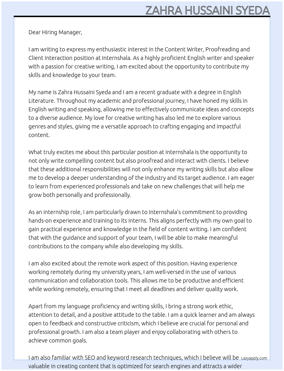 Content Writer, Proof reading and client interaction At Internshala Cover Letter