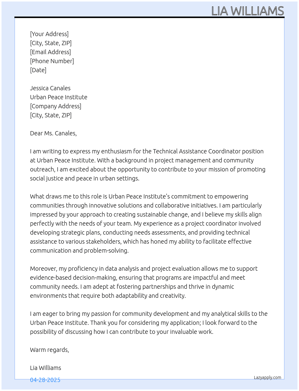 Technical Assistance Coordinator At Urban Peace Institute Cover Letter