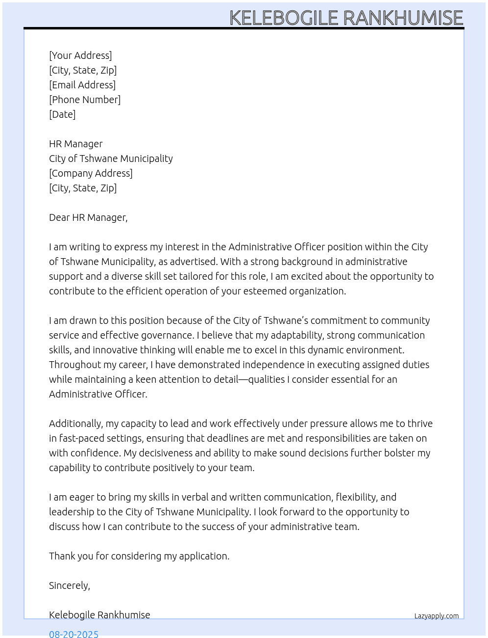 Administrative Officer At City of Tshwane municipality Cover Letter