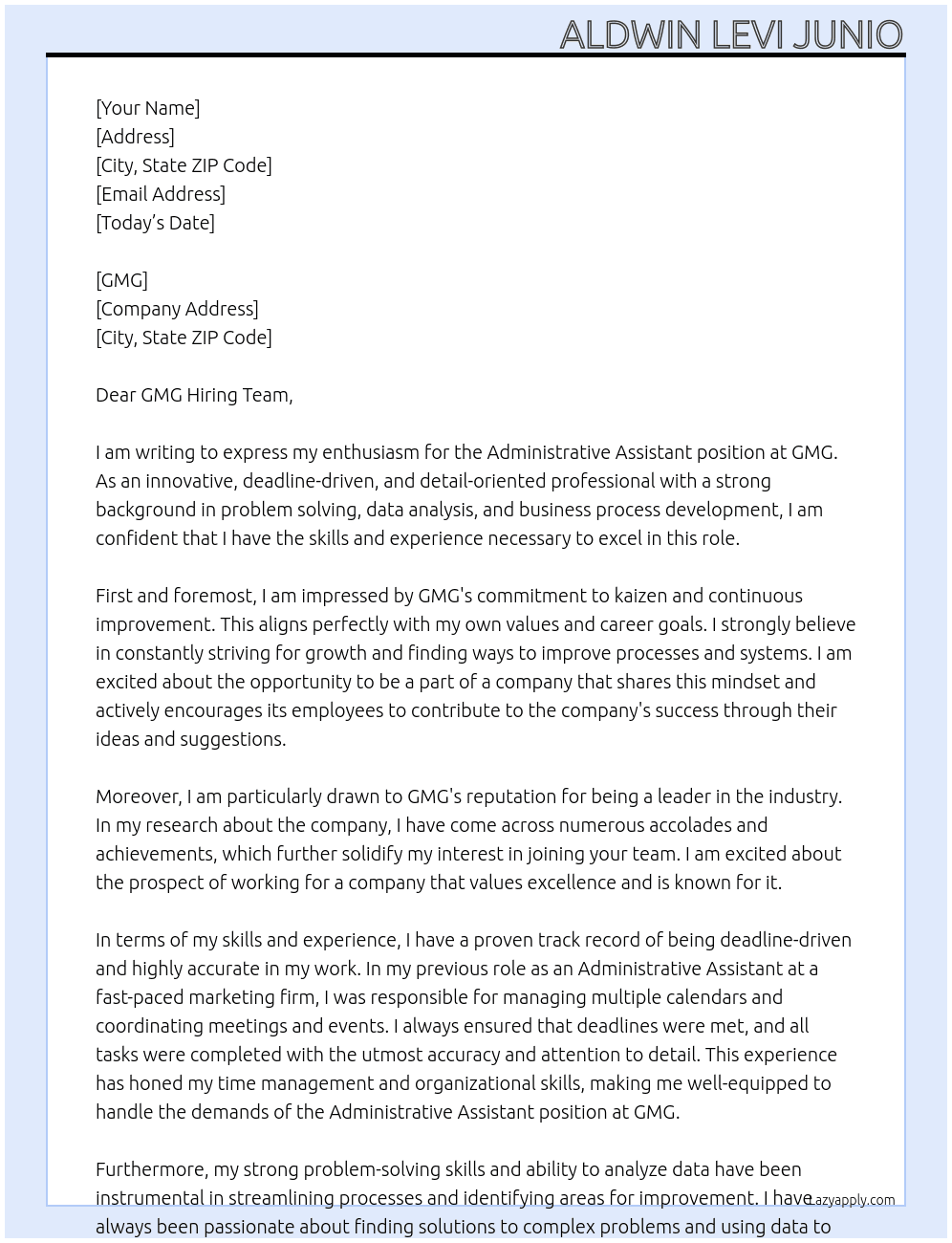 Administrative Assistant At GMG Cover Letter