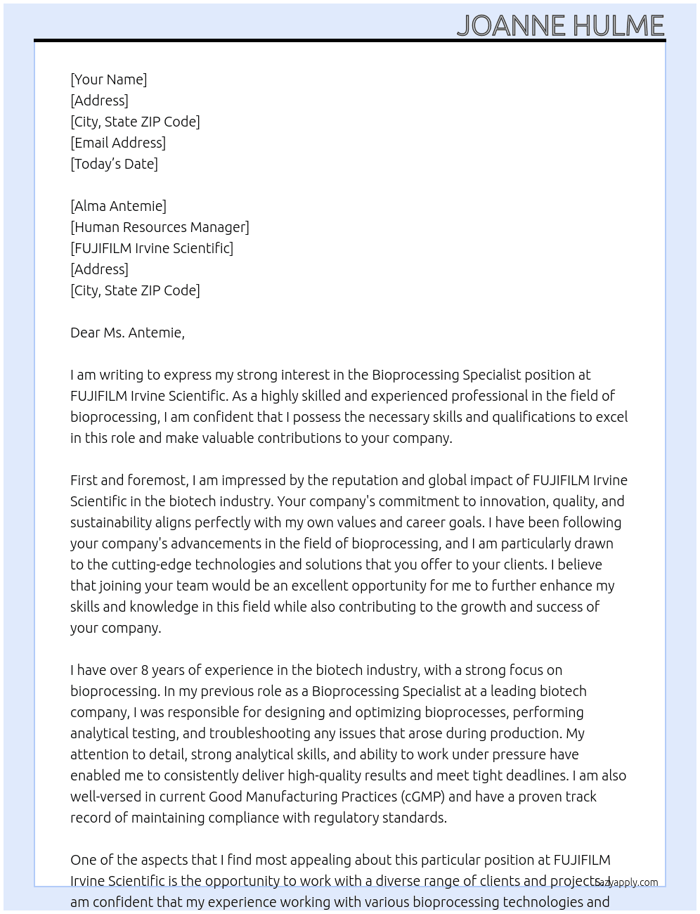Bioprocessing Specialist At FUJIFILM Irvine Scientific Cover Letter