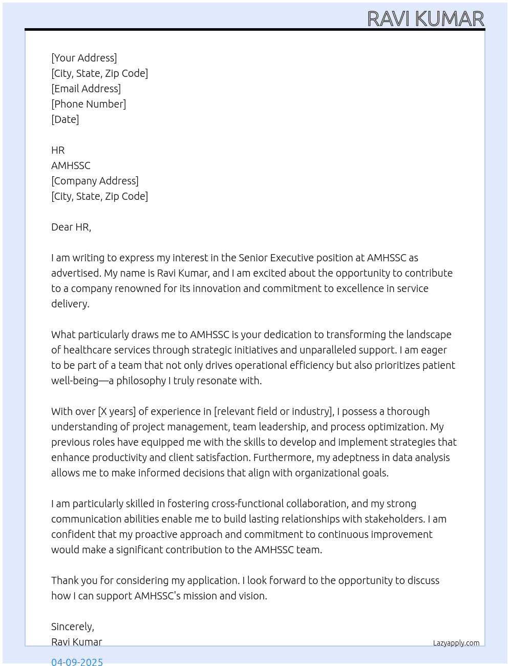 Senior Executive At AMHSSC Cover Letter