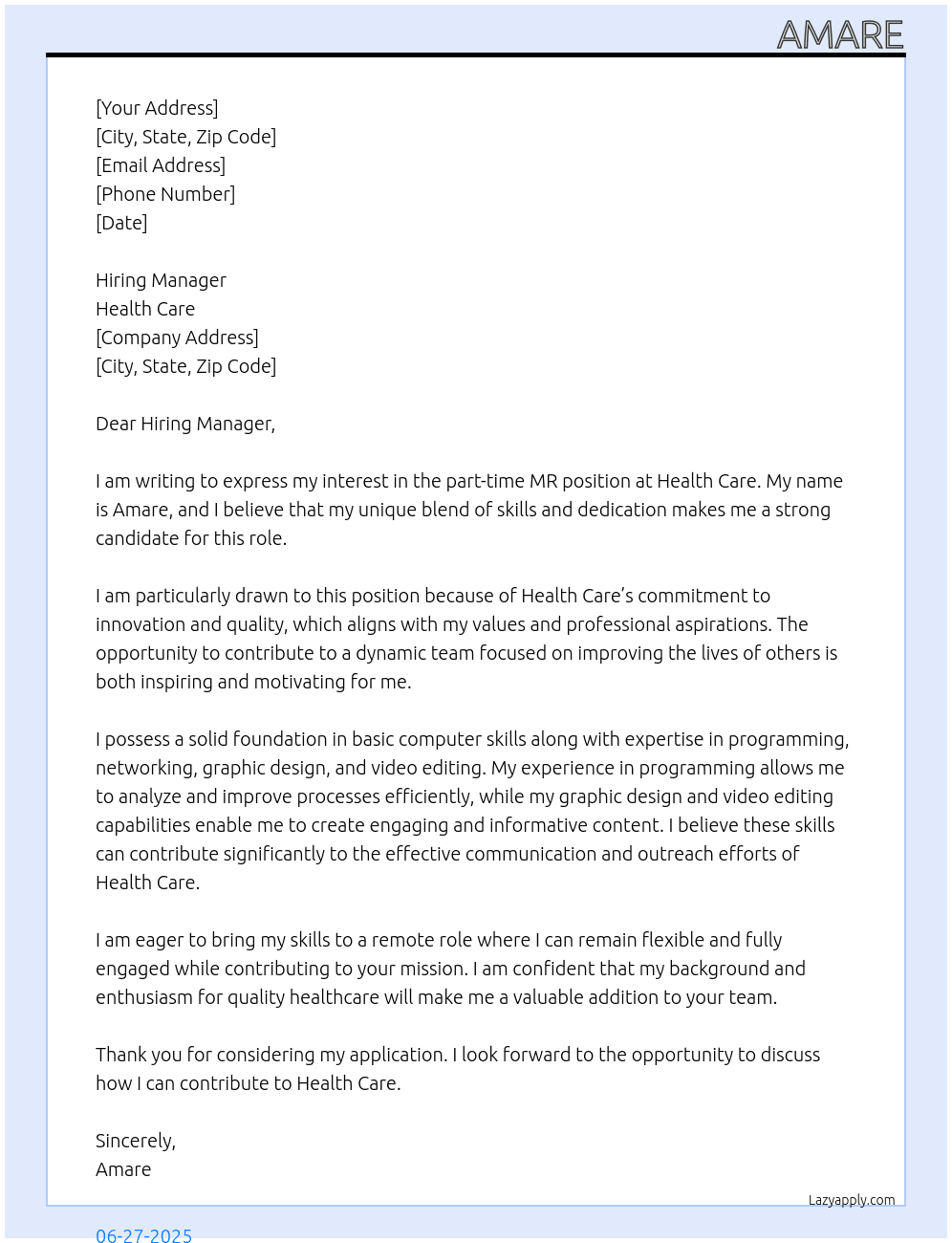 MR At health care Cover Letter