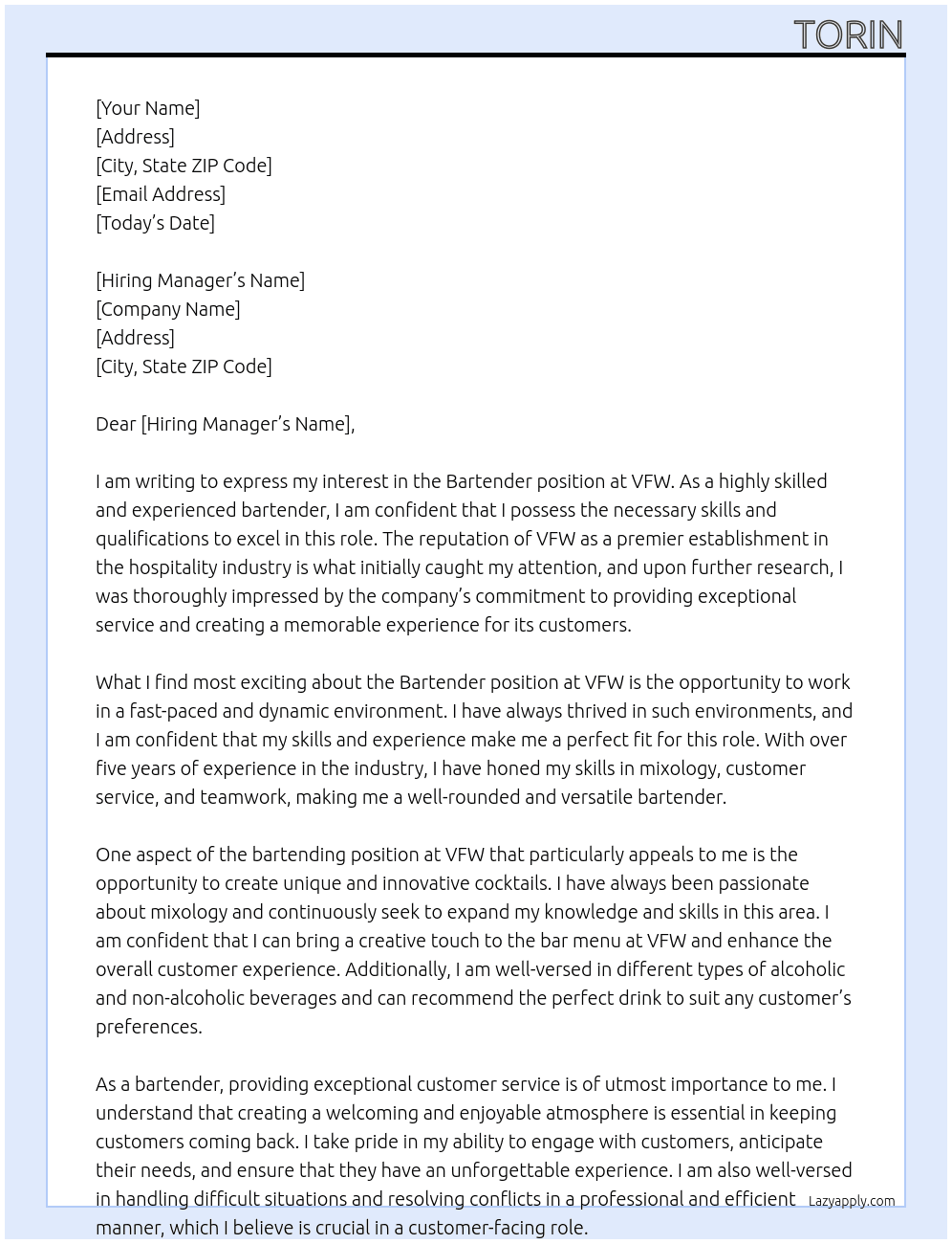Bartender At VFW Cover Letter
