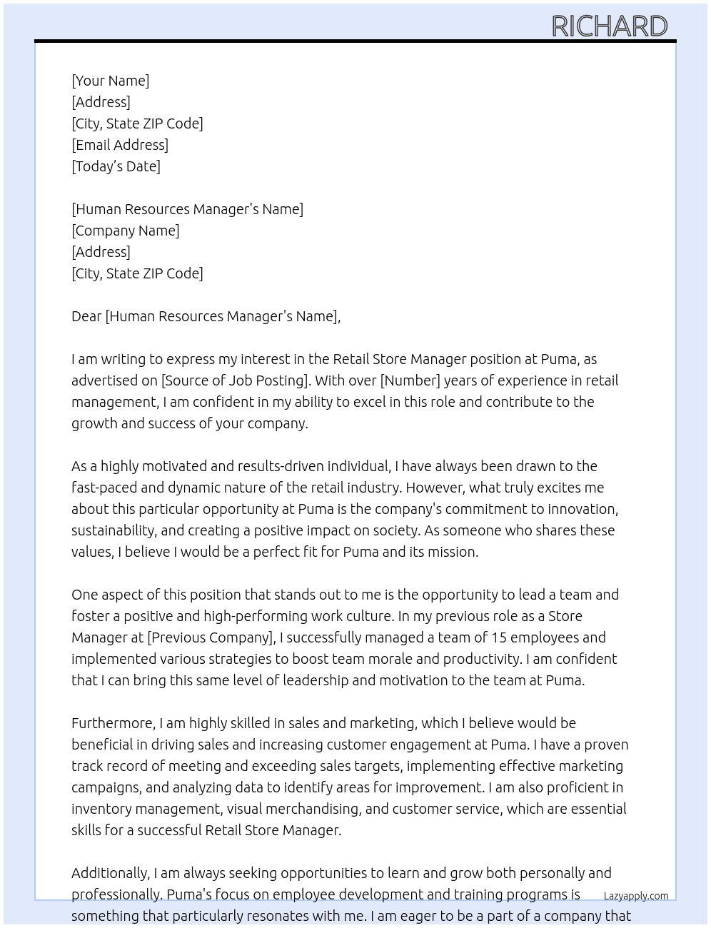 Retail store manager At Puma Cover Letter