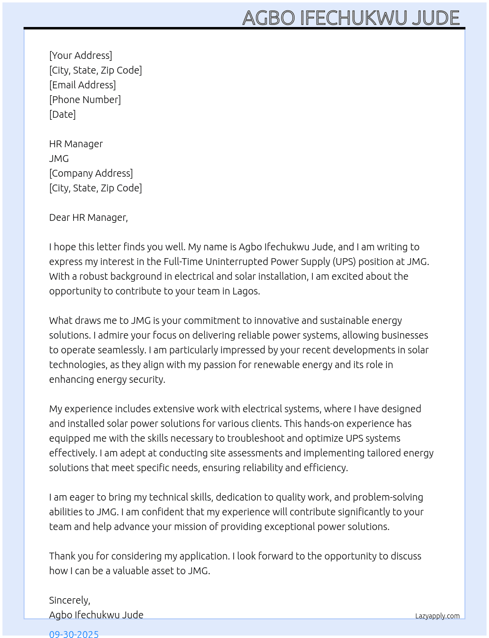 Uninterrupted power supply (UPS) At JMG Cover Letter