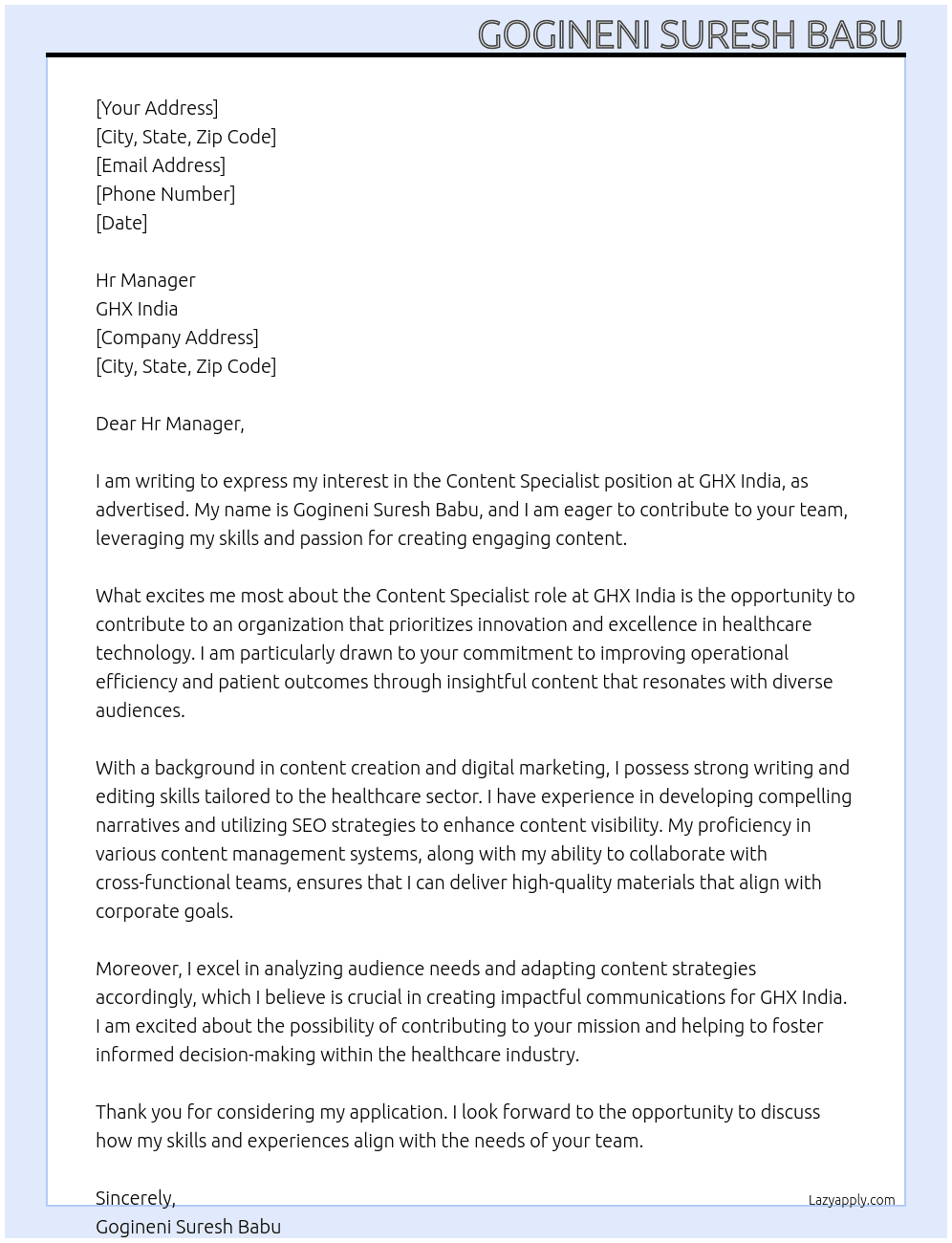 Content Specialist At GHX India Cover Letter