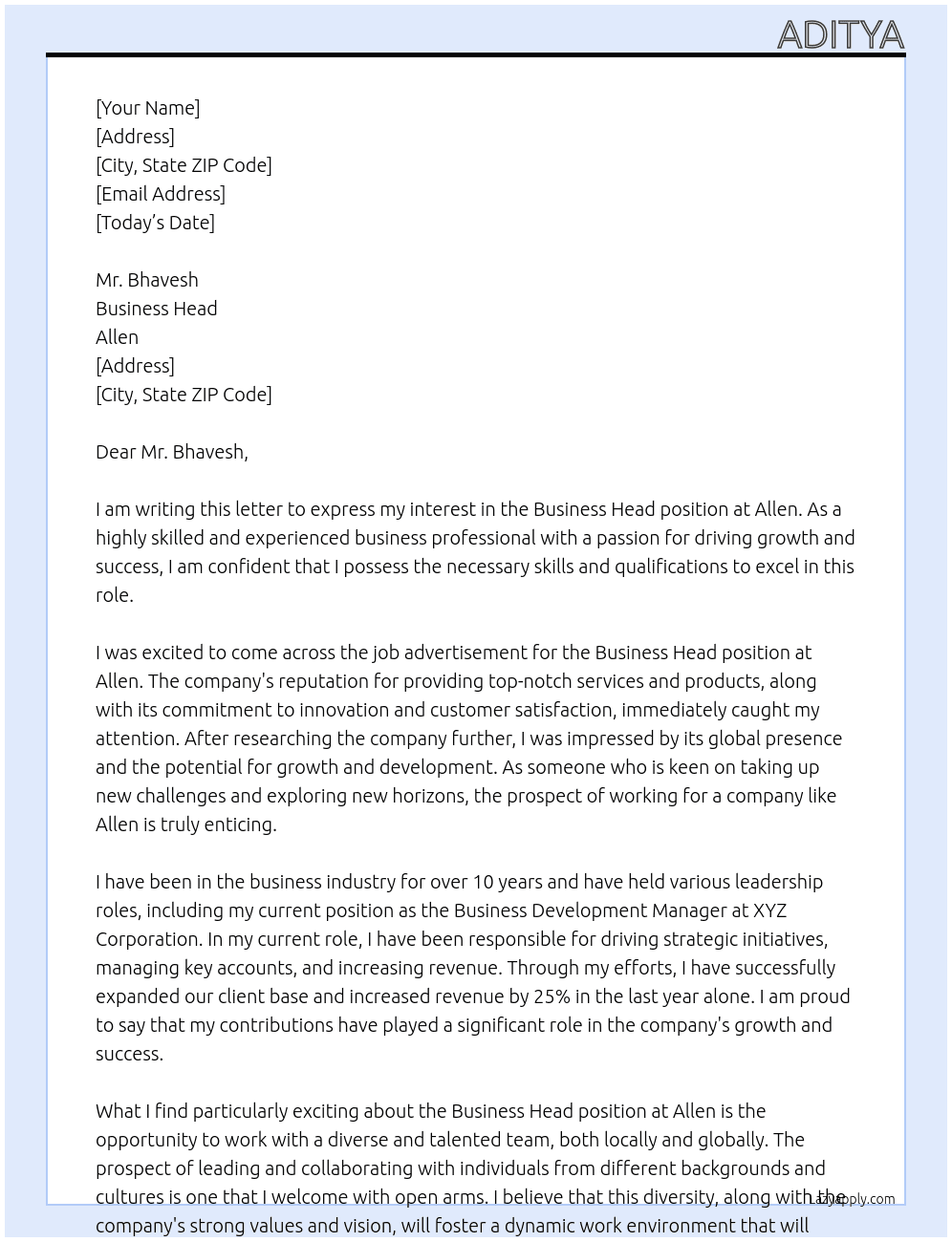 Business Head At Allen Cover Letter