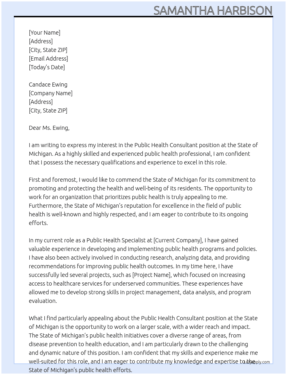 Public Health Consultant At State of Michigan Cover Letter