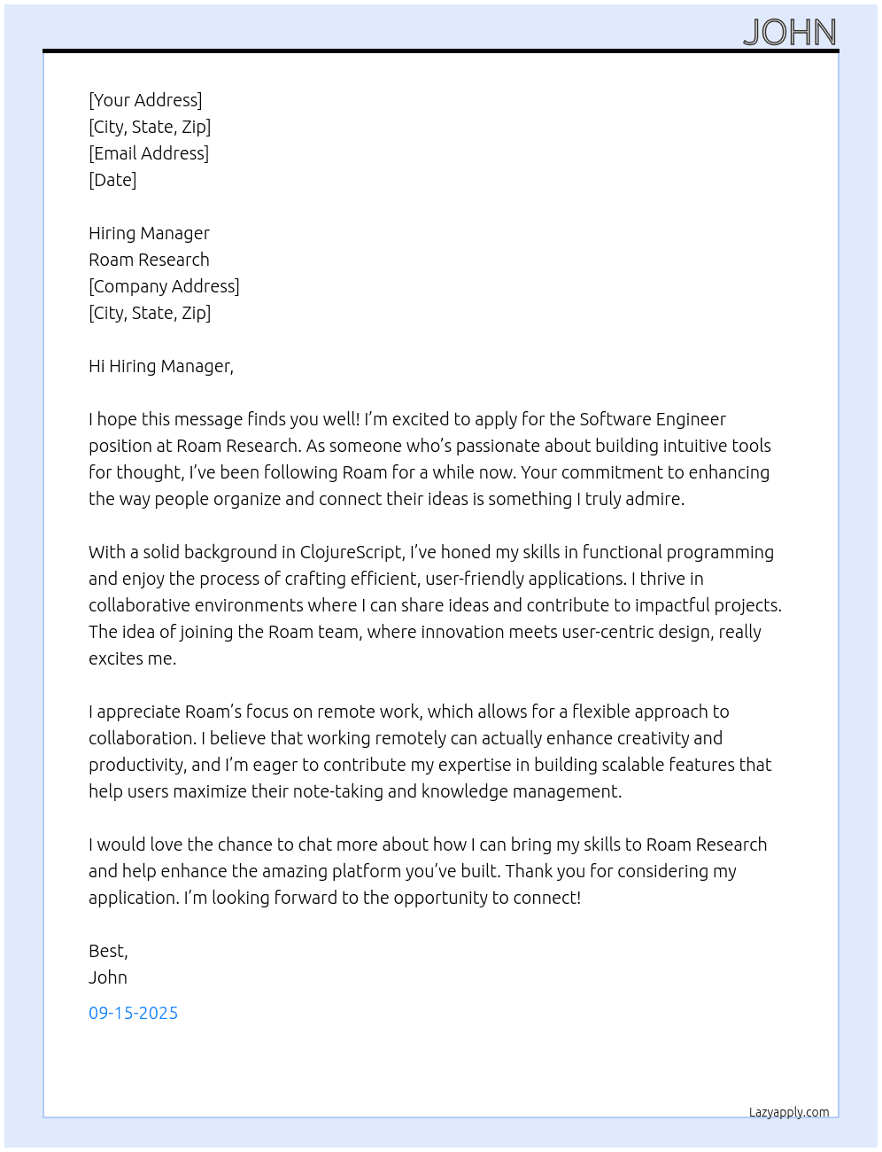 Software Engineer At Roam Research Cover Letter