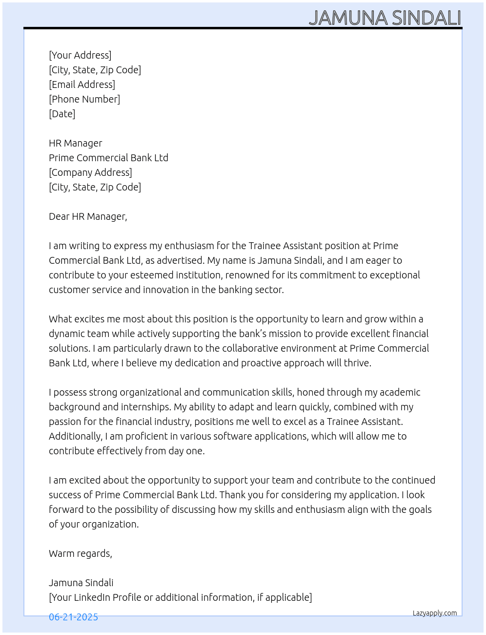 Trainee Assistant At Prime Commercial Bank Ltd Cover Letter