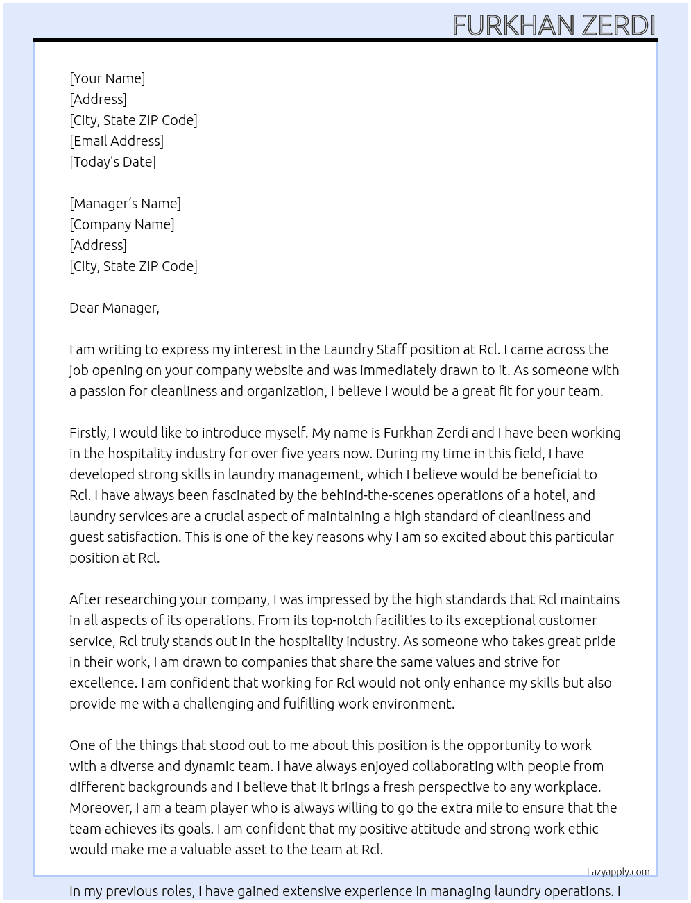 Laundry staf At Rcl Cover Letter