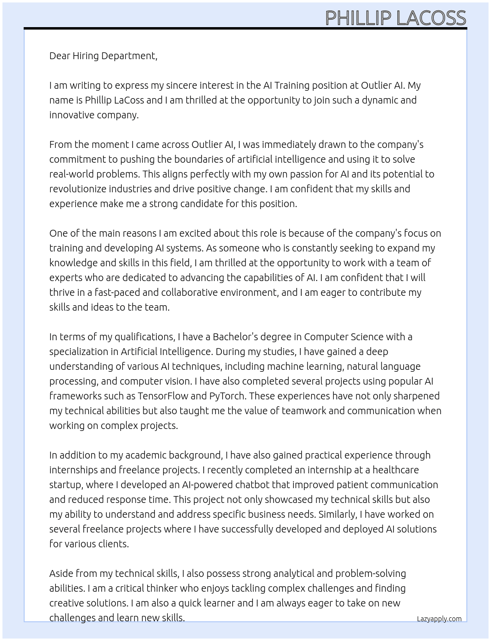 AI Training At Outlier AI Cover Letter