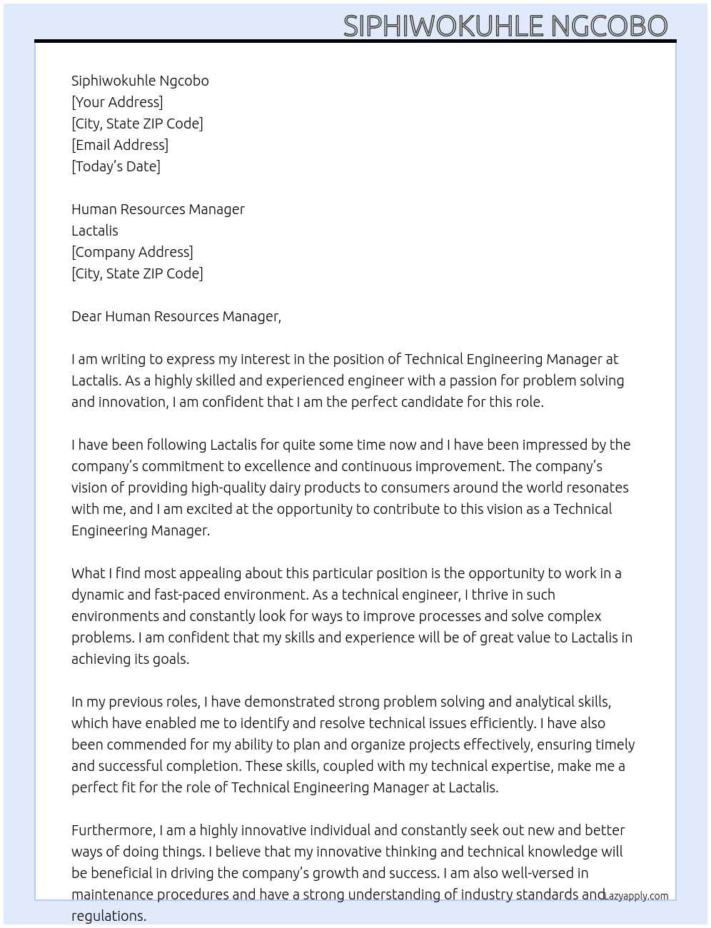Technical Engineering Manager  At Lactalis  Cover Letter