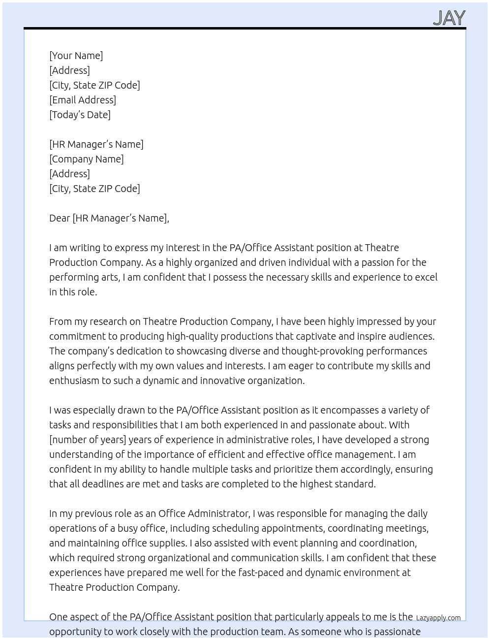 Cover letter for pa / office assistant - LazyApply