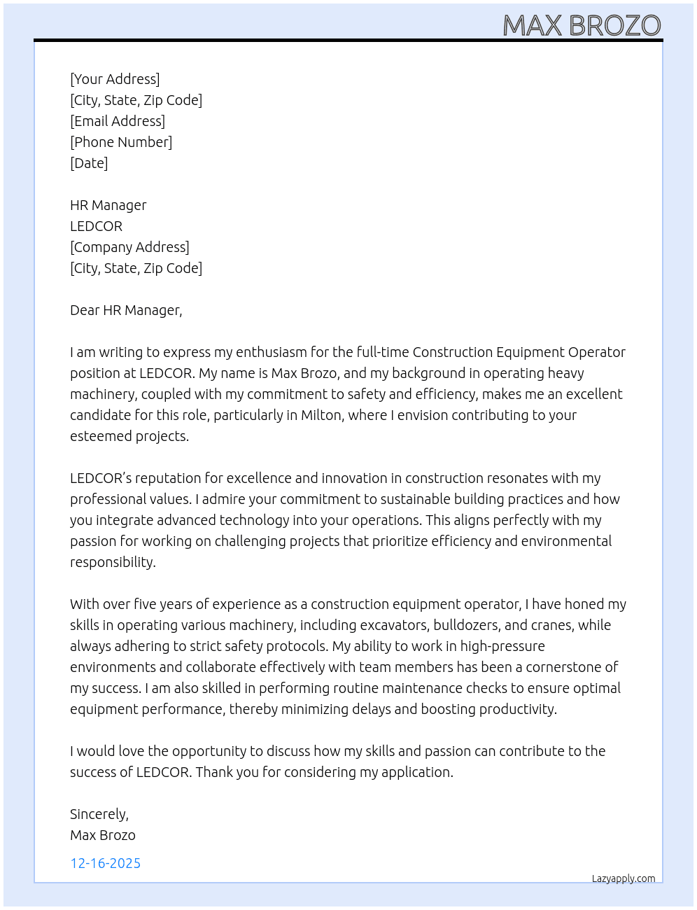 Cover letter for construction equipment operator - LazyApply