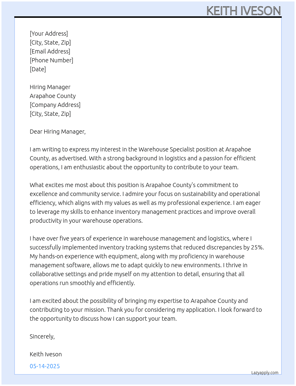 Warehouse Specialist At Arapahoe County Cover Letter