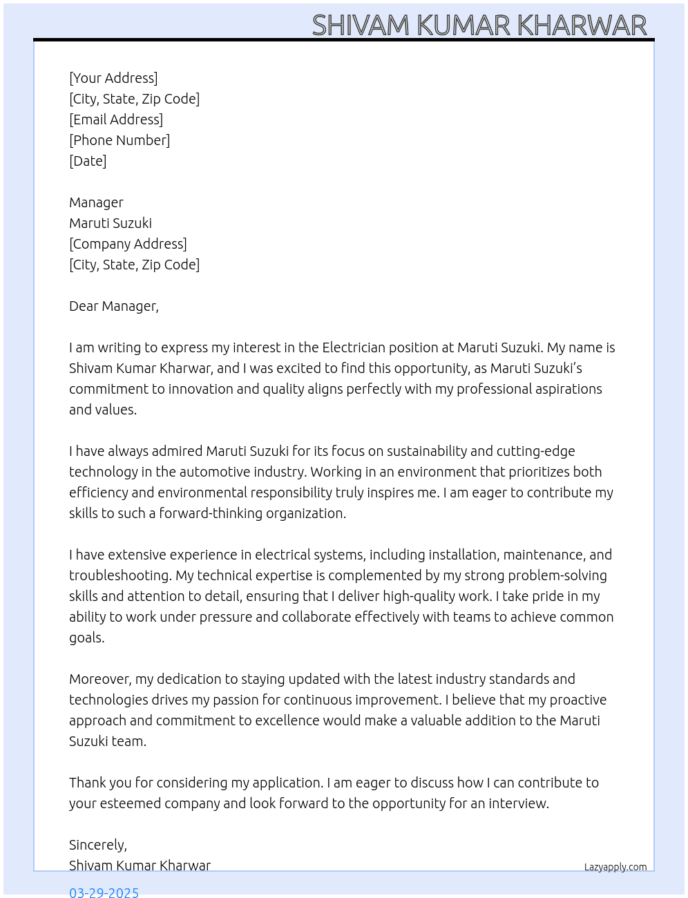 Electrician  At Maruti suzuki  Cover Letter