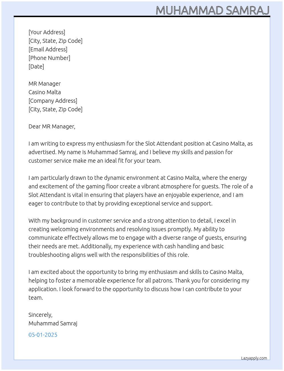 Cover letter for slot attendant - LazyApply