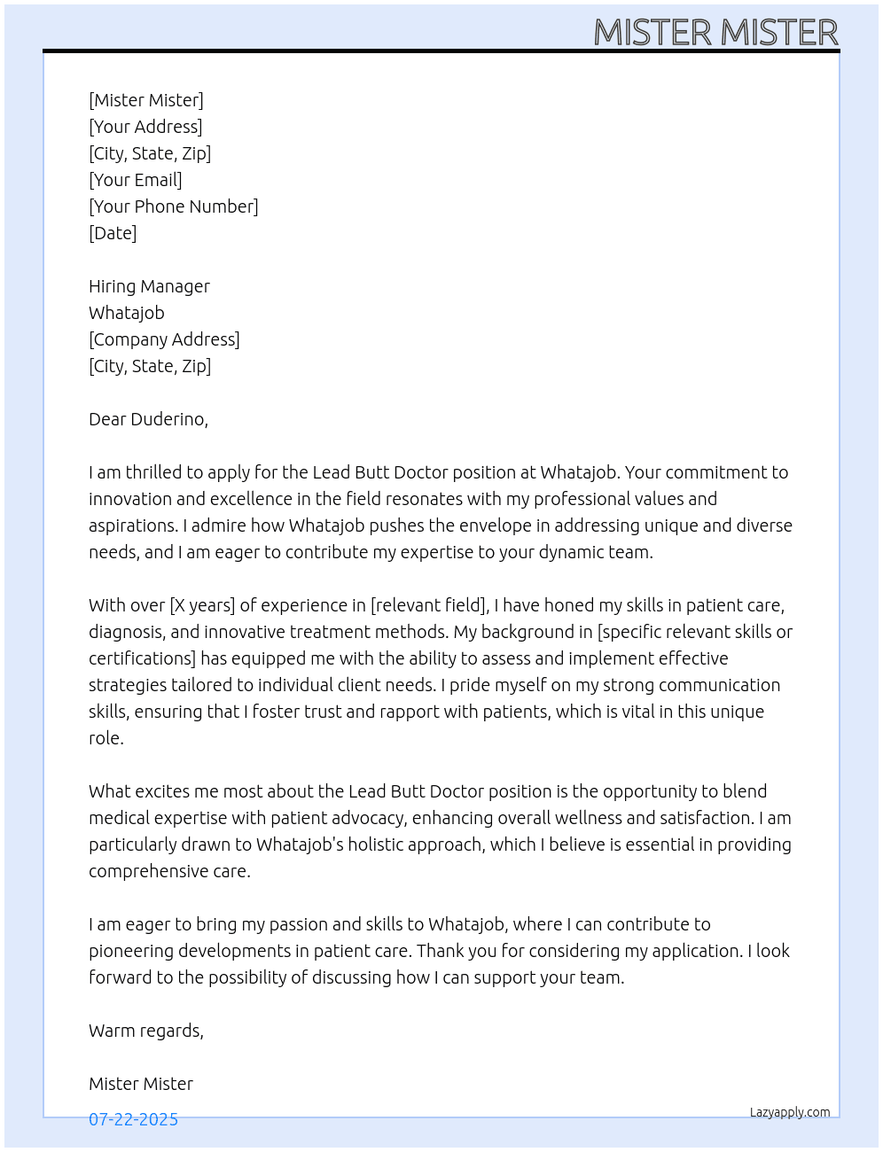 Lead Butt Doctor At Whatajob Cover Letter