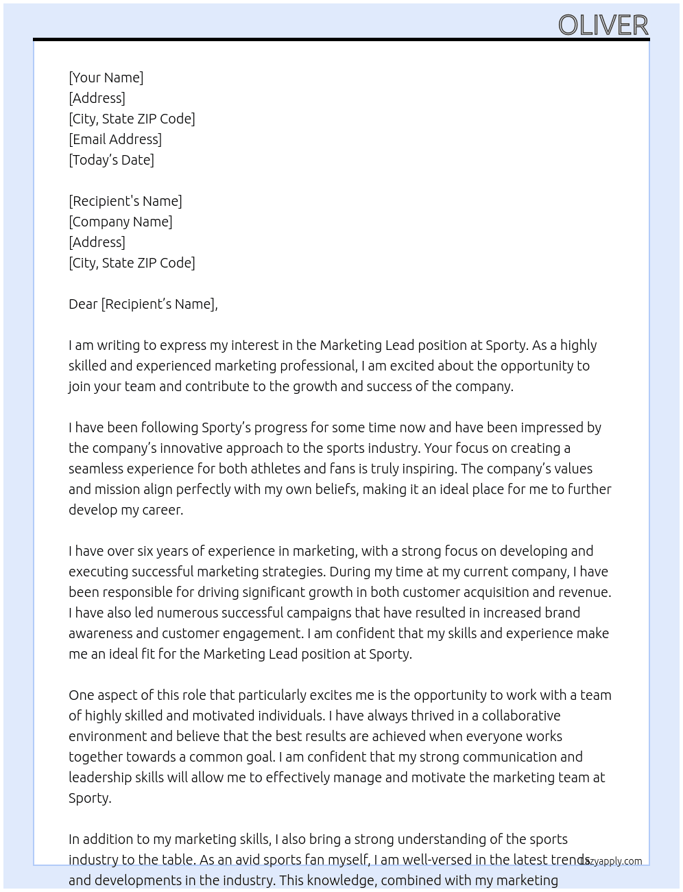 Marketing Lead At Sporty Cover Letter