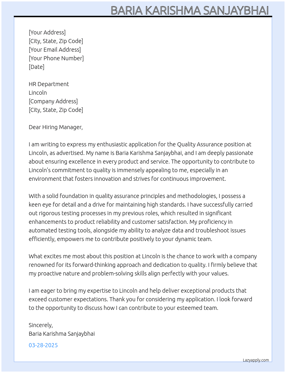 Quality assurance  At Lincoln  Cover Letter