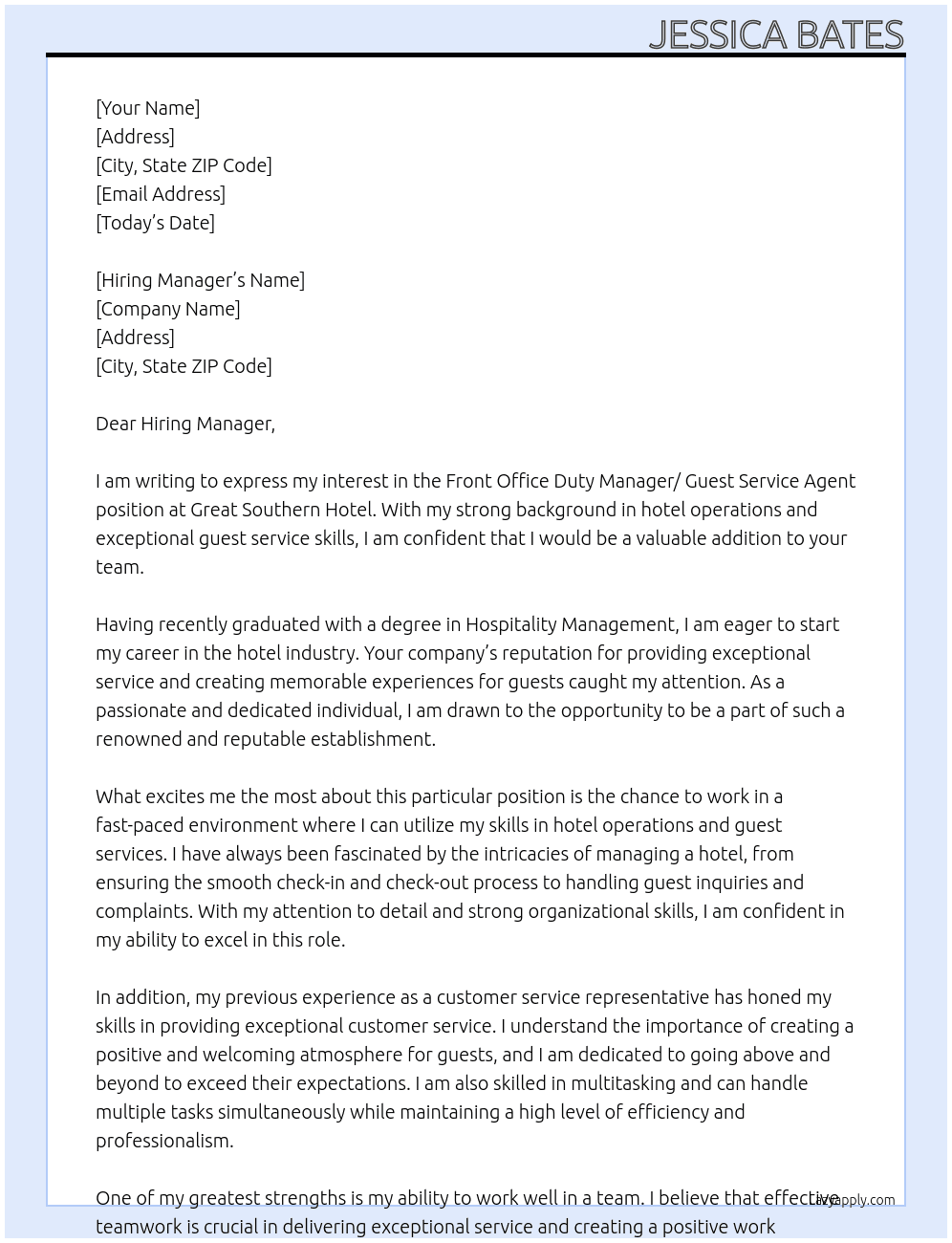 Front office Duty Manager/ Guest Service Agent At Great Southern Hotel Cover Letter