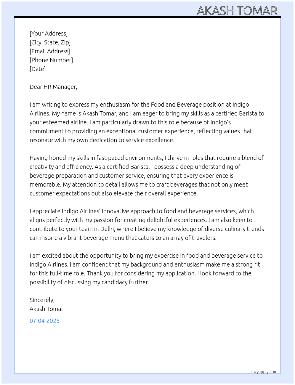 Food and beverage  At Indigo airline Cover Letter