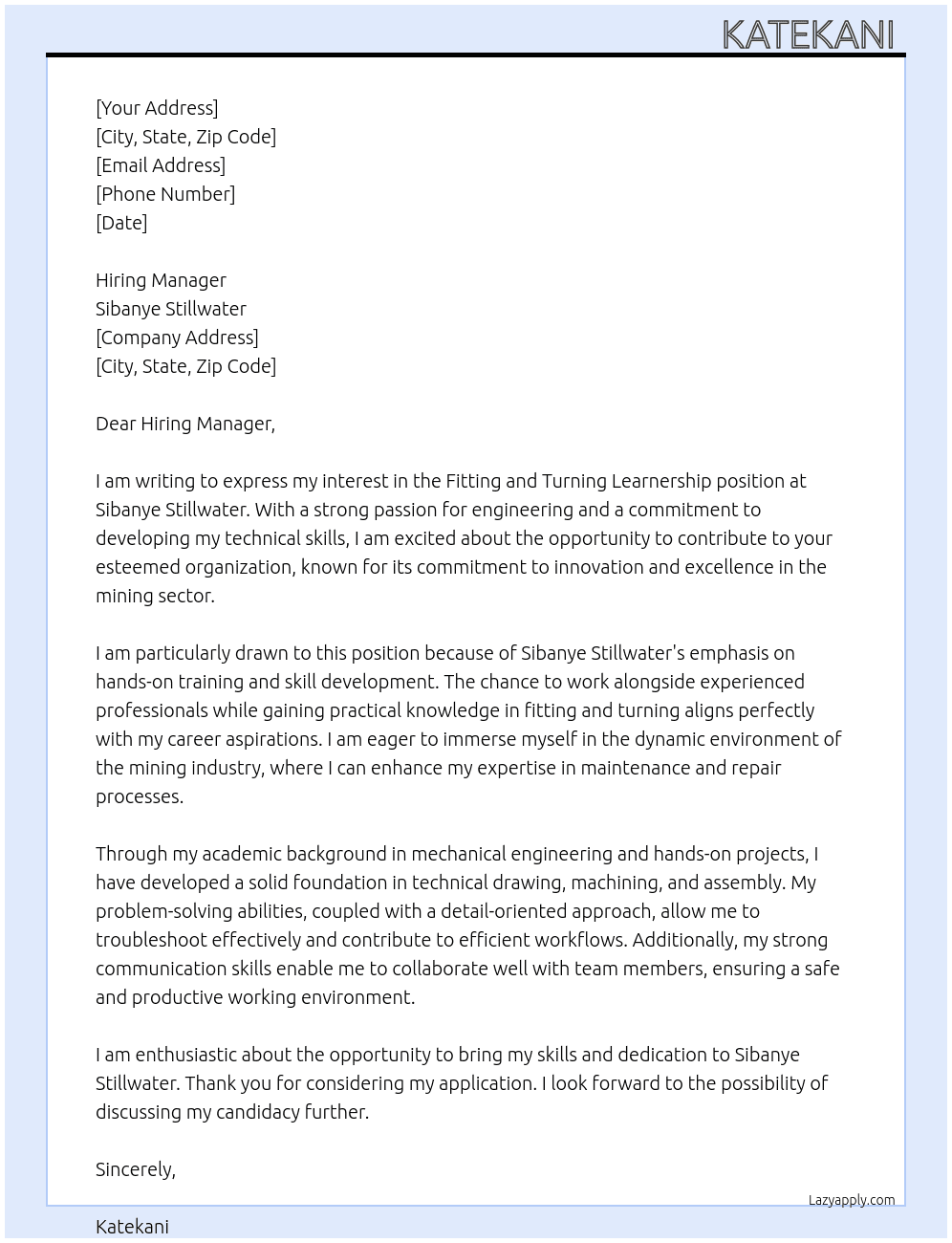 Cover letter for fitting and turning learnership - LazyApply