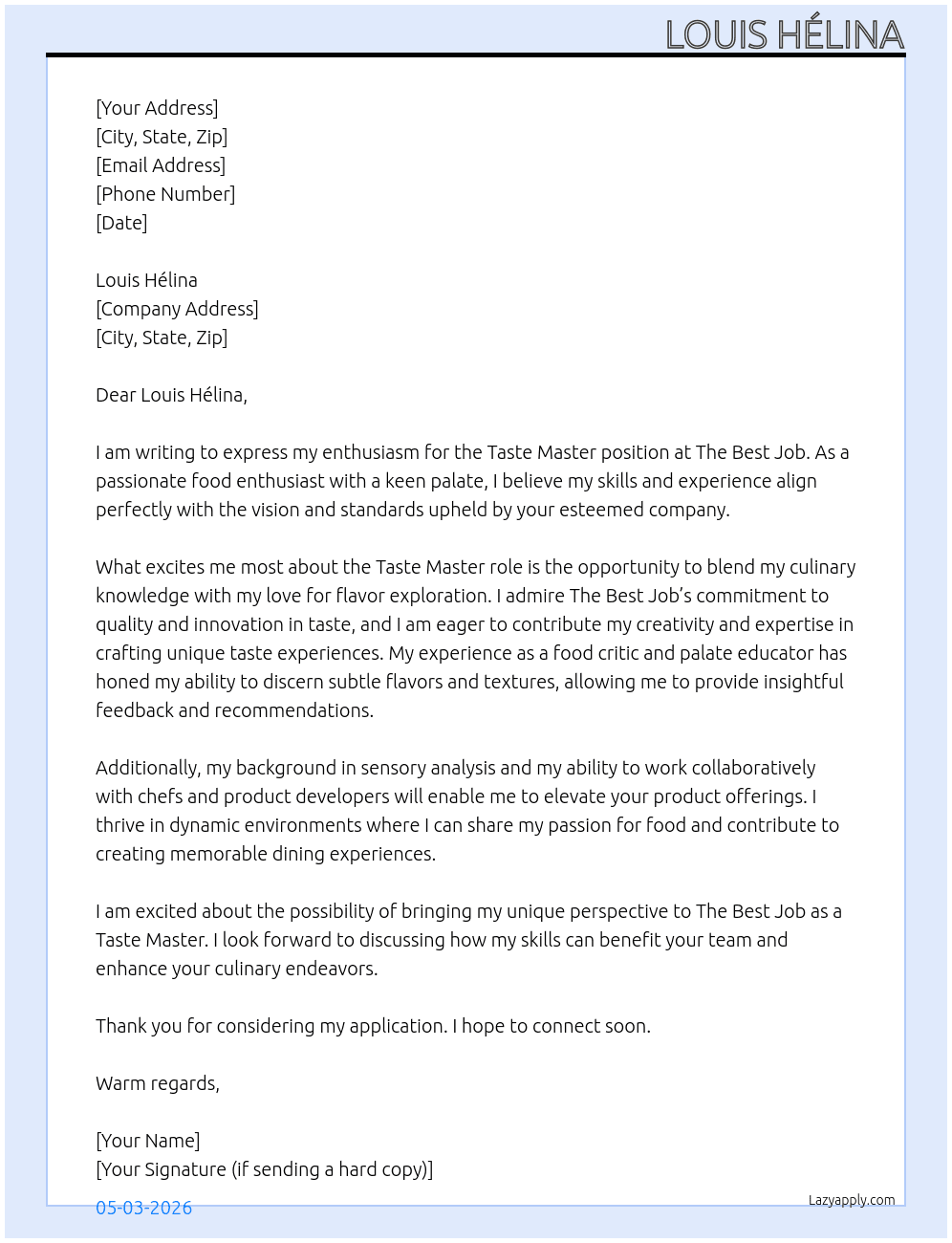 Taste Master At The Best Job Cover Letter