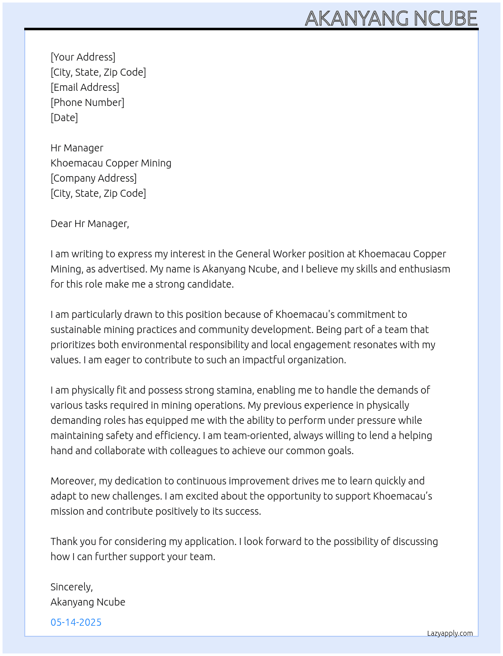 General worker At Khoemacau copper mining Cover Letter