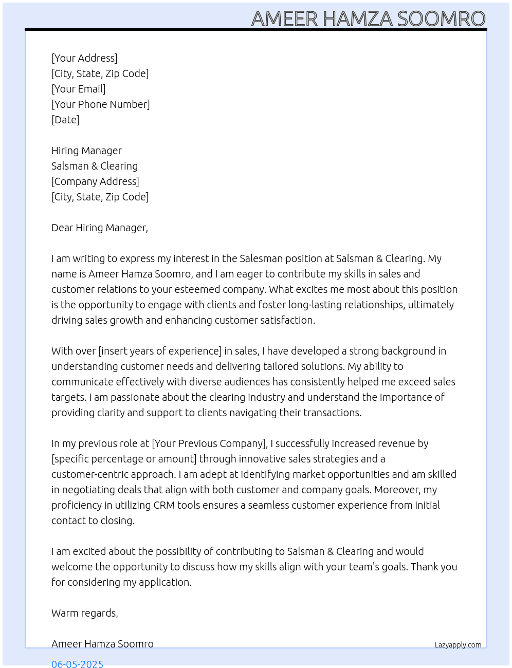 salsman & clearing  At salsman & clearing  Cover Letter