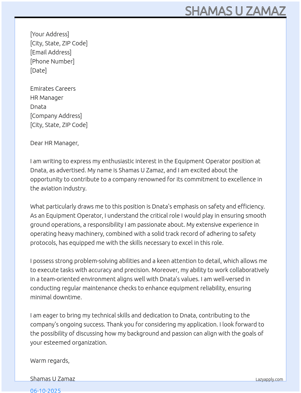 Equipment oprater  At Danata Cover Letter