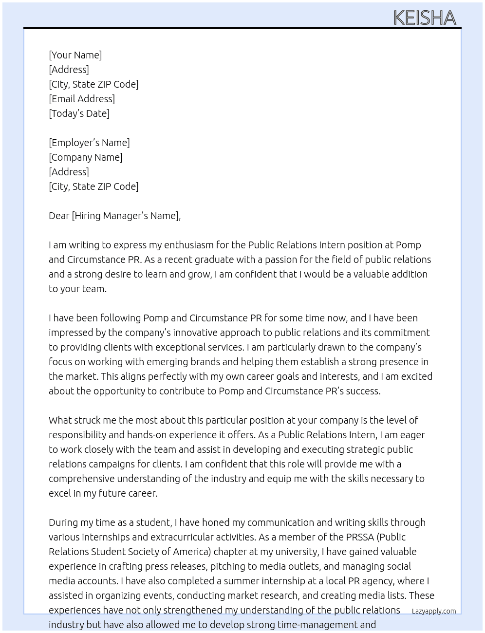 Public relations intern At Pomp and Circumstance PR  Cover Letter
