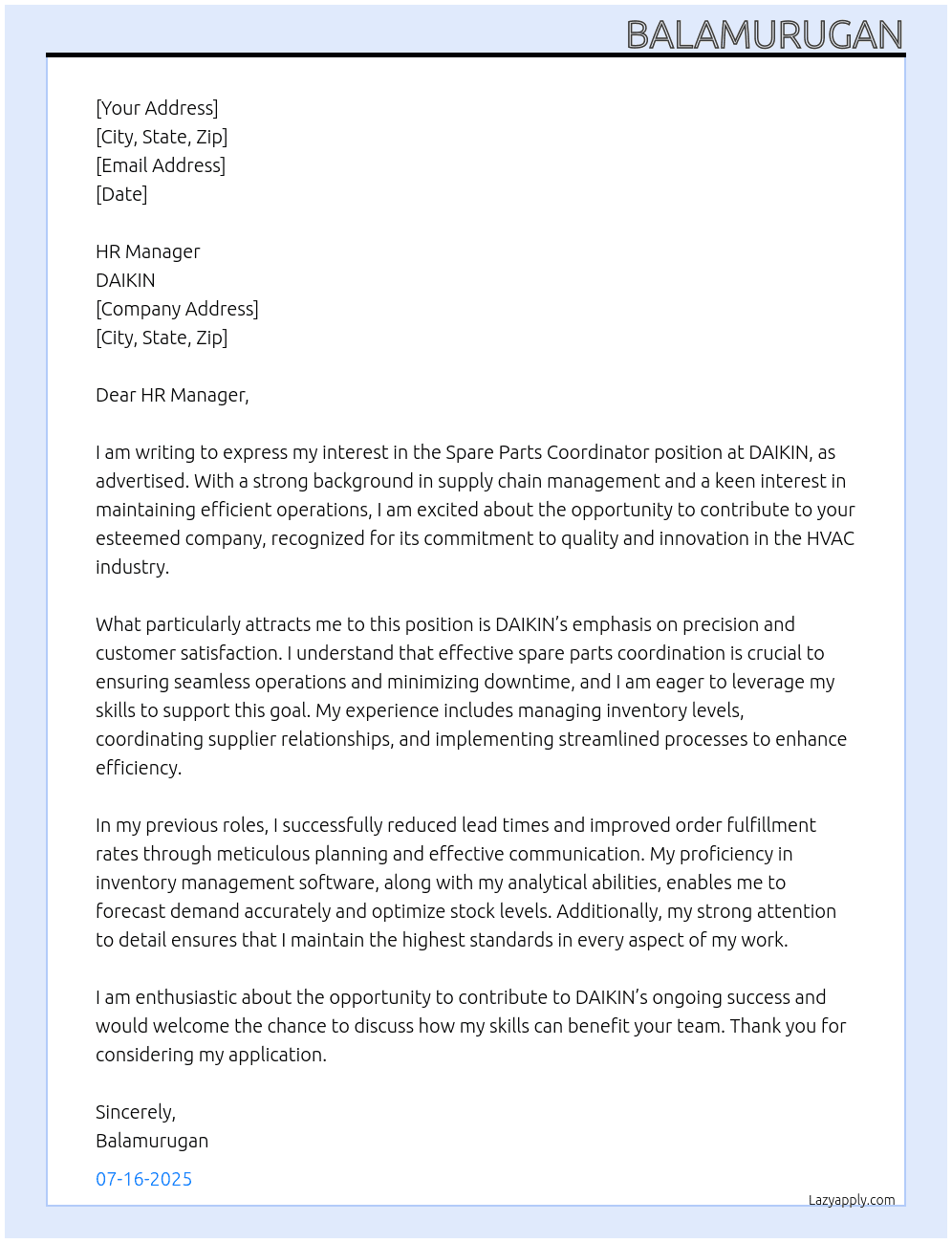 Spare parts coordinator At DAIKIN Cover Letter