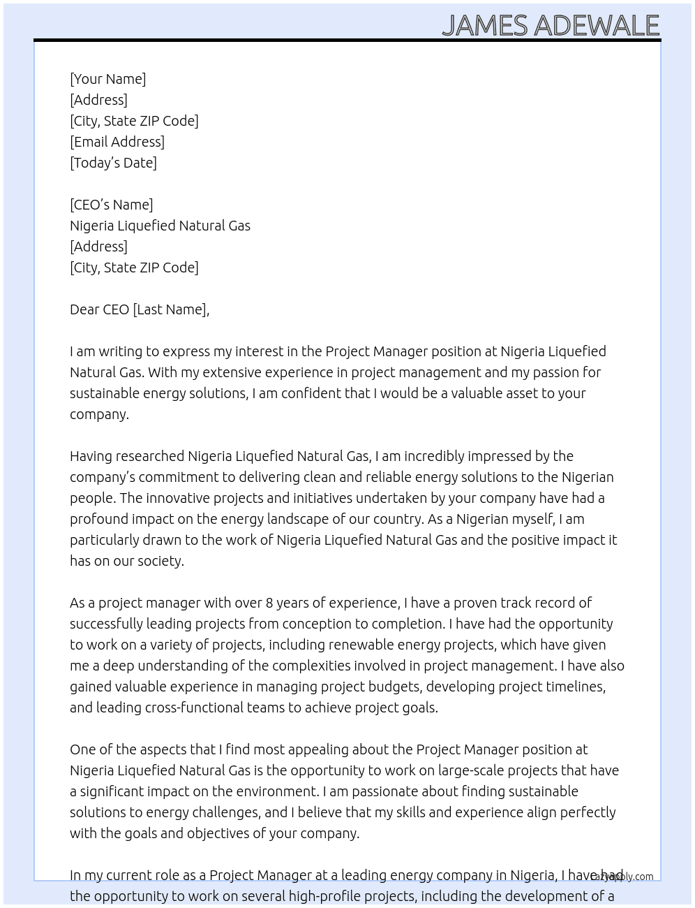 Project manager At Nigeria Liquefied Natural Gas. Cover Letter