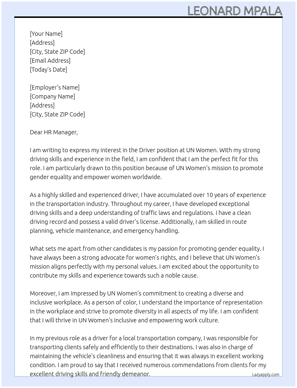 Driver At UN women Cover Letter