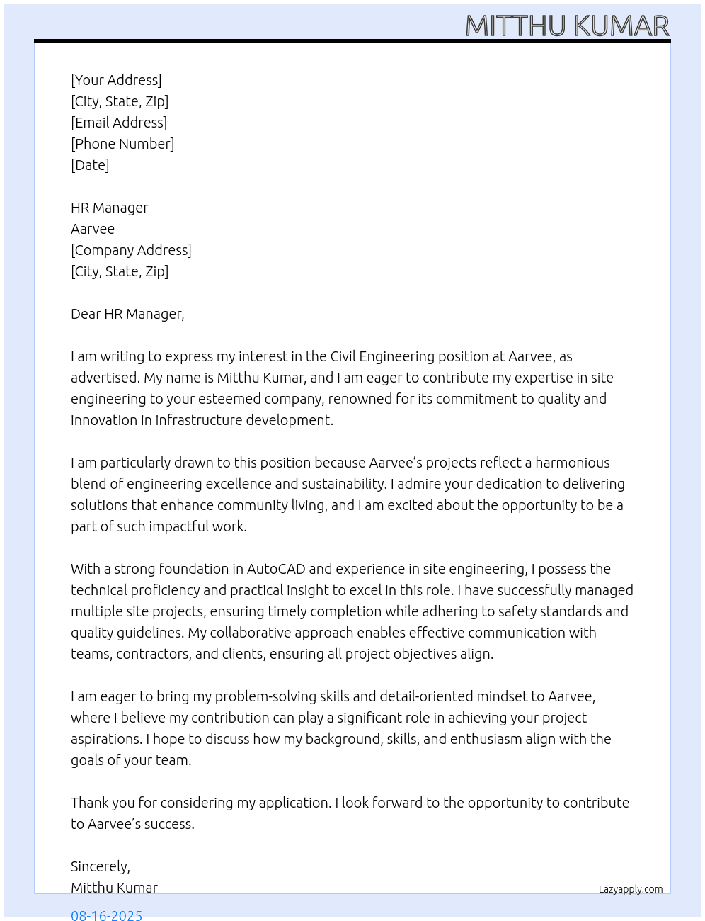 CIVIL ENGINEERING  At Aarvee Cover Letter
