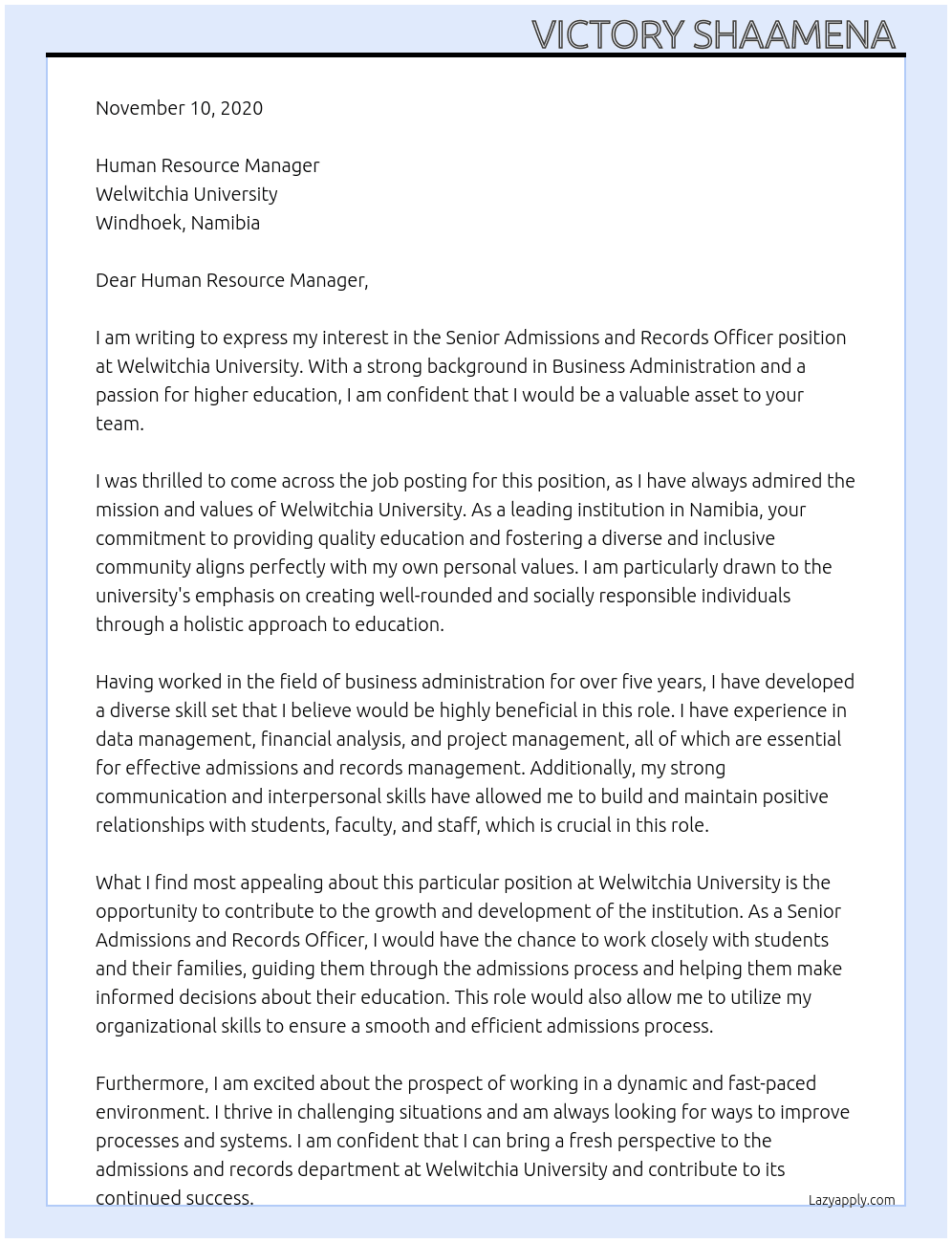 Senior Admissions and records Officer At Welwitchia University Cover Letter