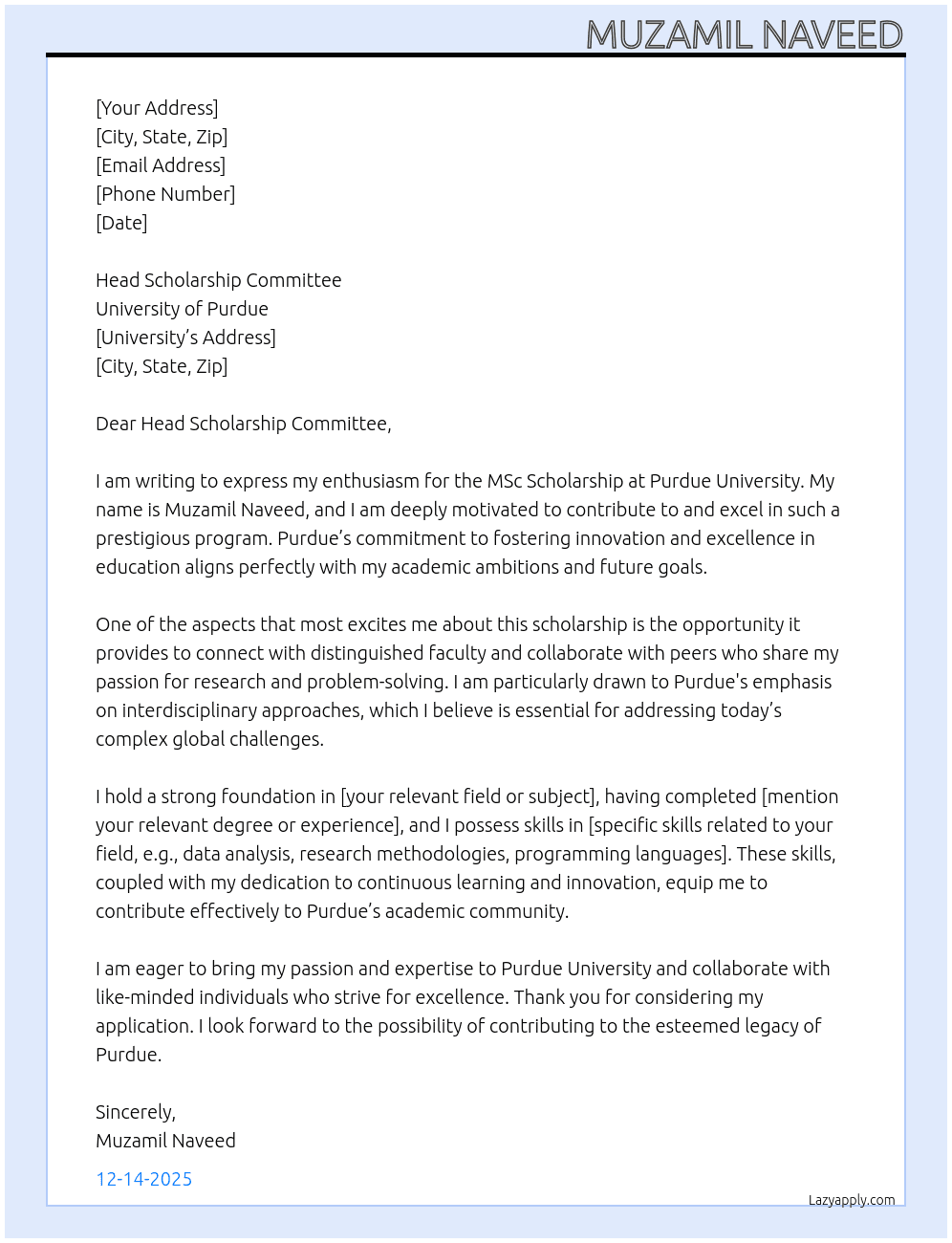 MSc Scholarship  At University of Purdue Cover Letter