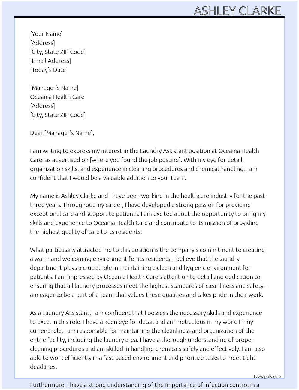 Laundry Assistant  At Oceania Health Care Cover Letter