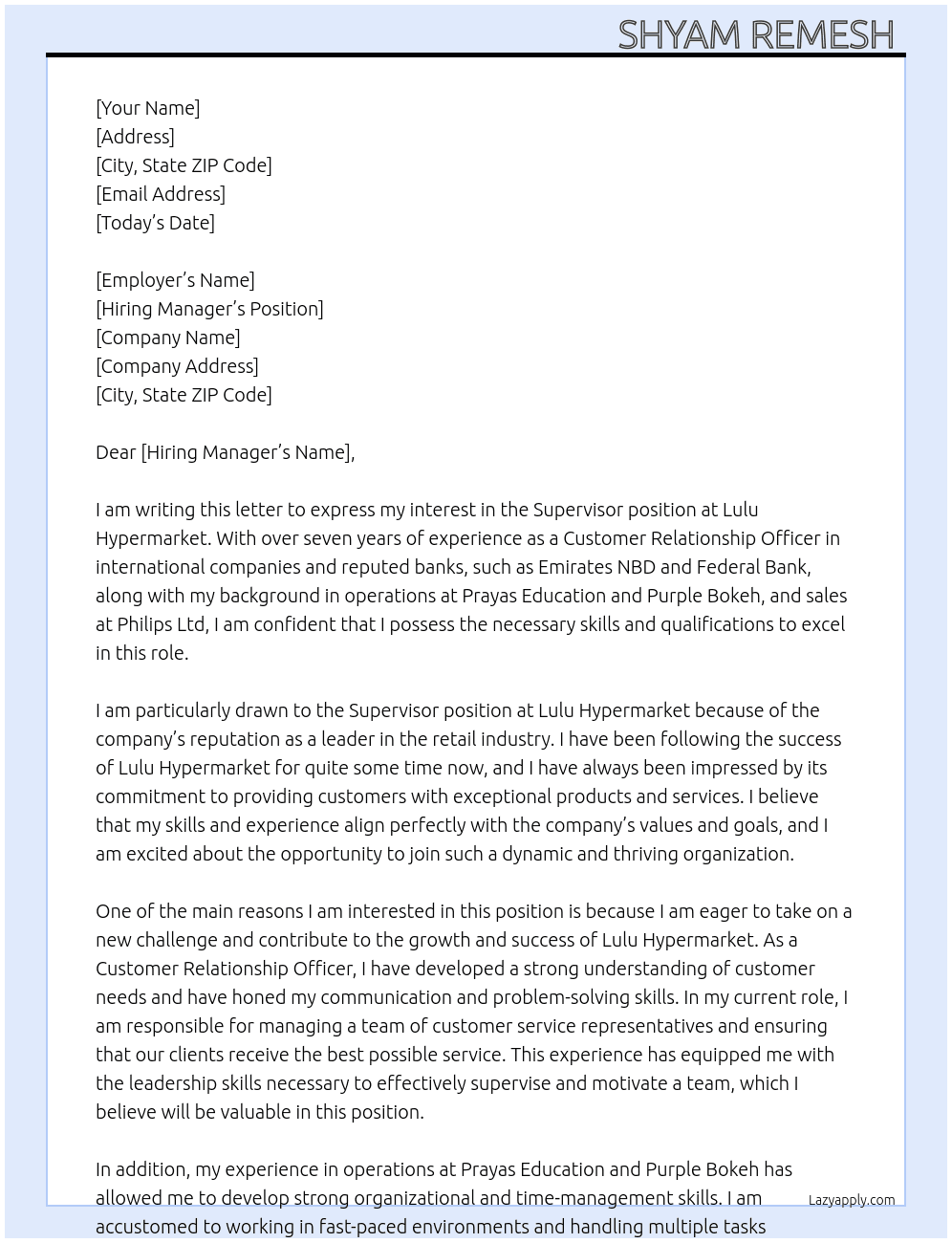 Supervisor  At Lulu hypermarket  Cover Letter