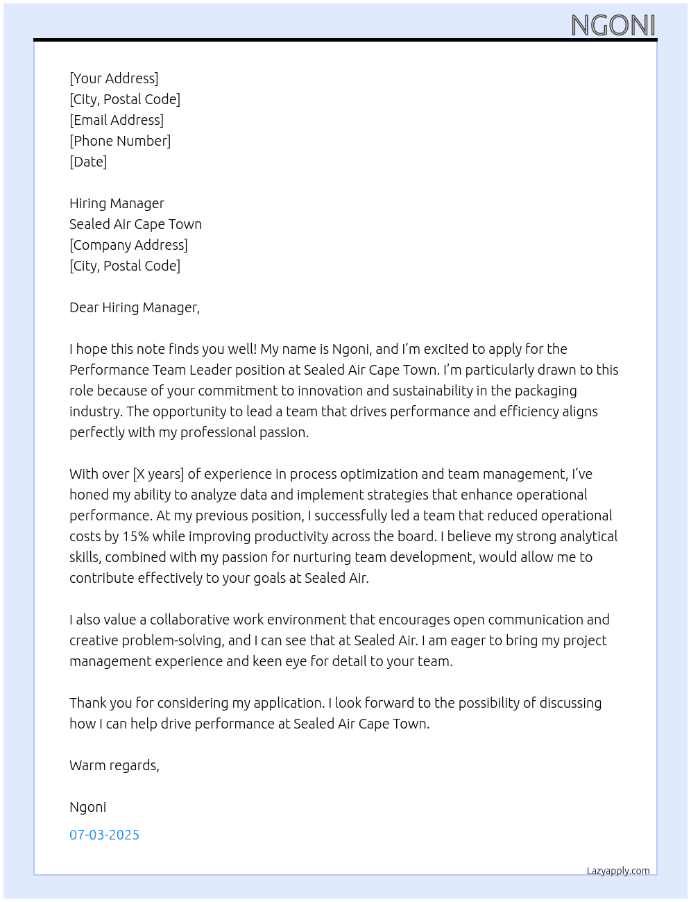 Perfomance Team Leader At Sealed Air Capetown Cover Letter