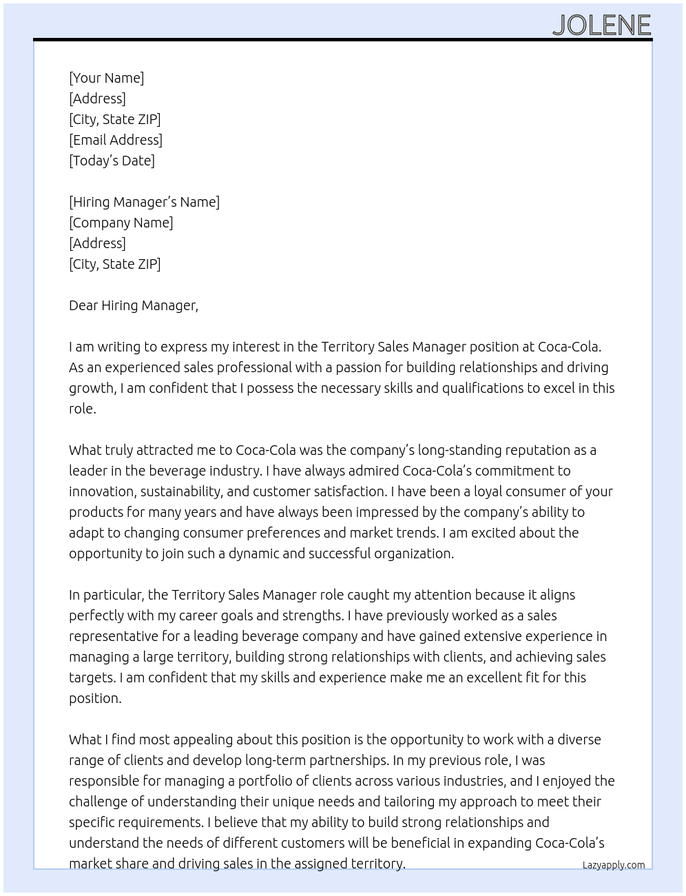 Territory Sales Manager At Coca-Cola Cover Letter