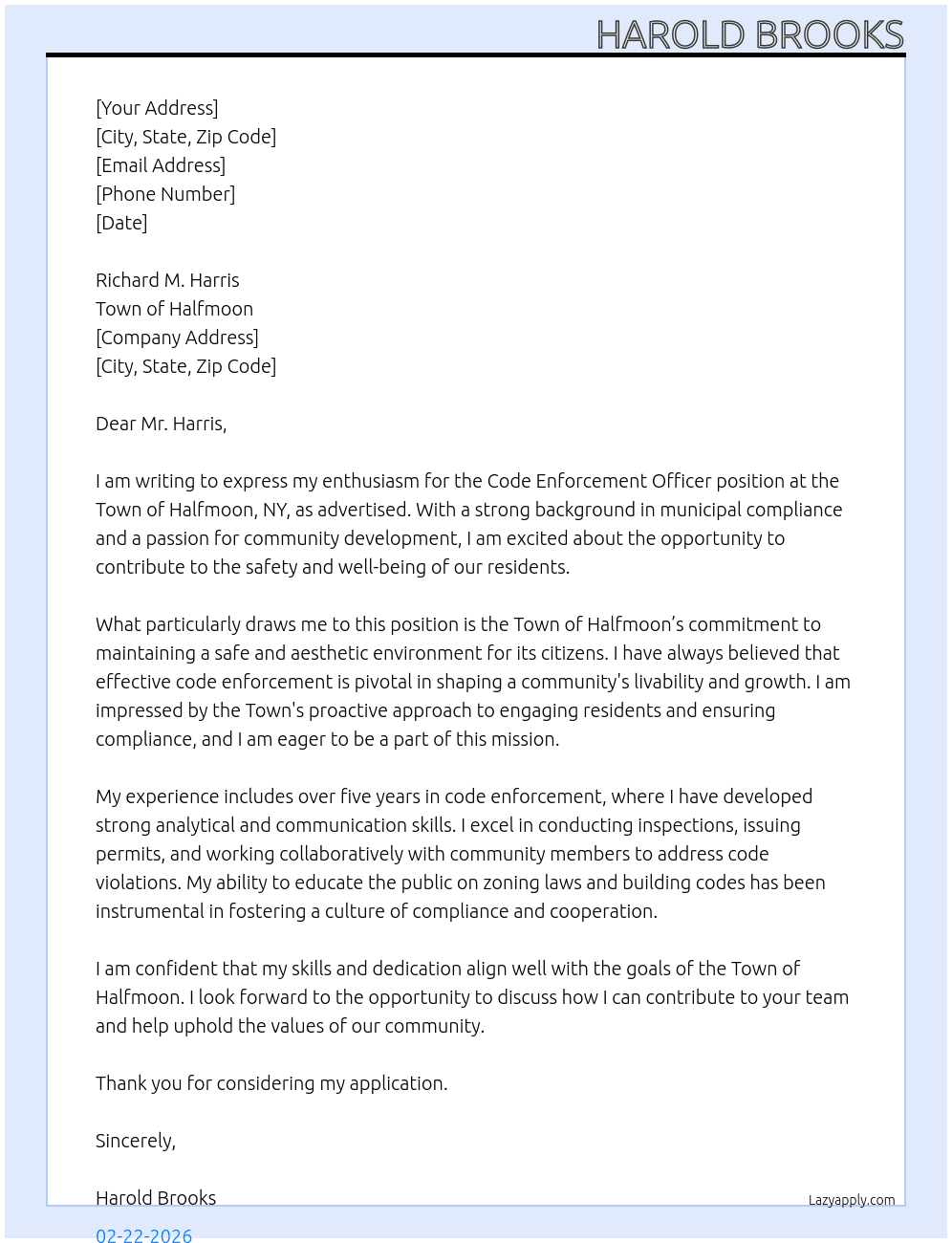 Code Enforcement Officer At Town Of Halfmoon, NY Cover Letter