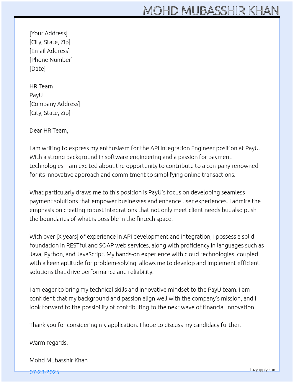 API Integration Engineer At PayU Cover Letter