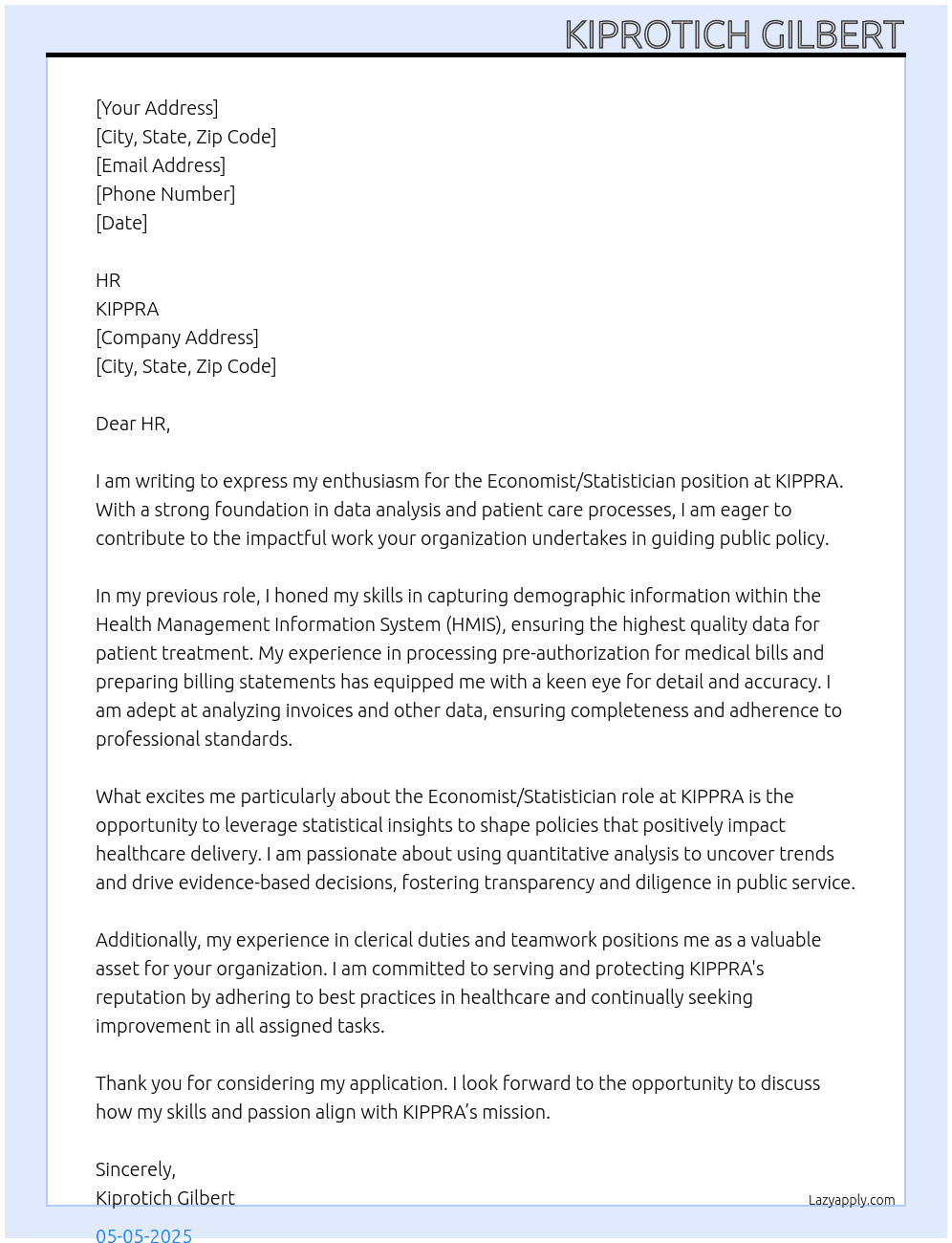 ECONOMIST/STATISTIAN At KIPPRA Cover Letter