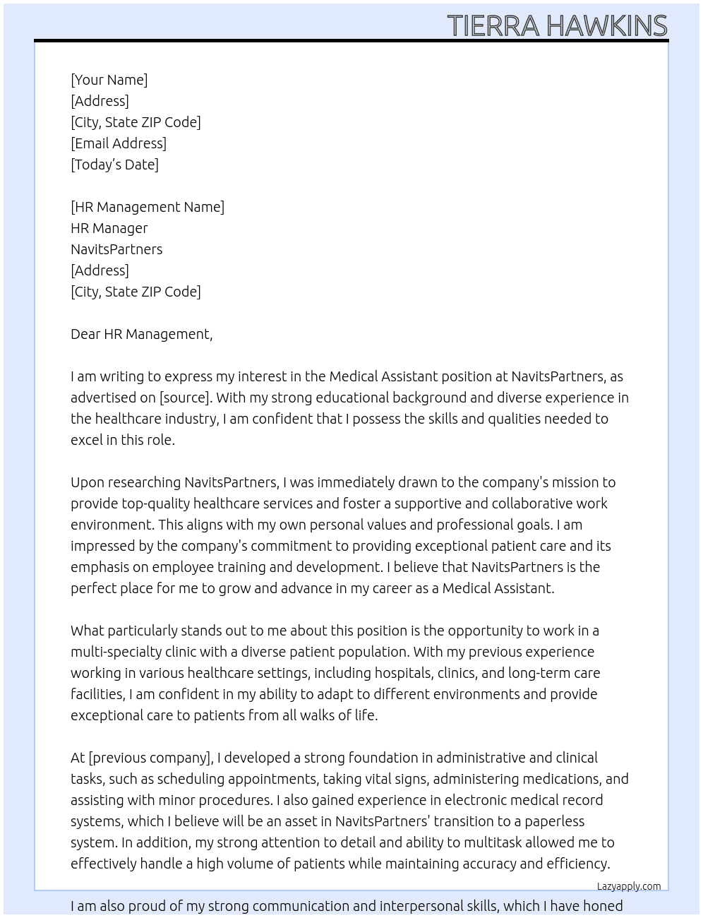 Medical assistant  At NavitsPartners Cover Letter