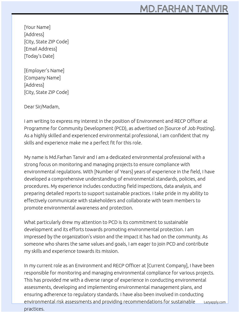 Cover letter for environment and recp officer - LazyApply